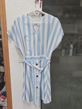 Light Blue & White Striped Belted Midi Dress